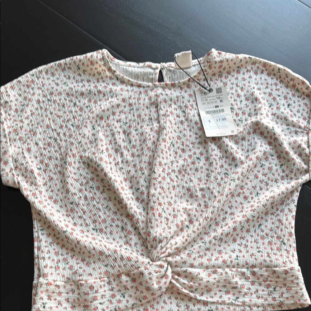 Zara Cream Tan Tie Front Short Sleeve Tee
